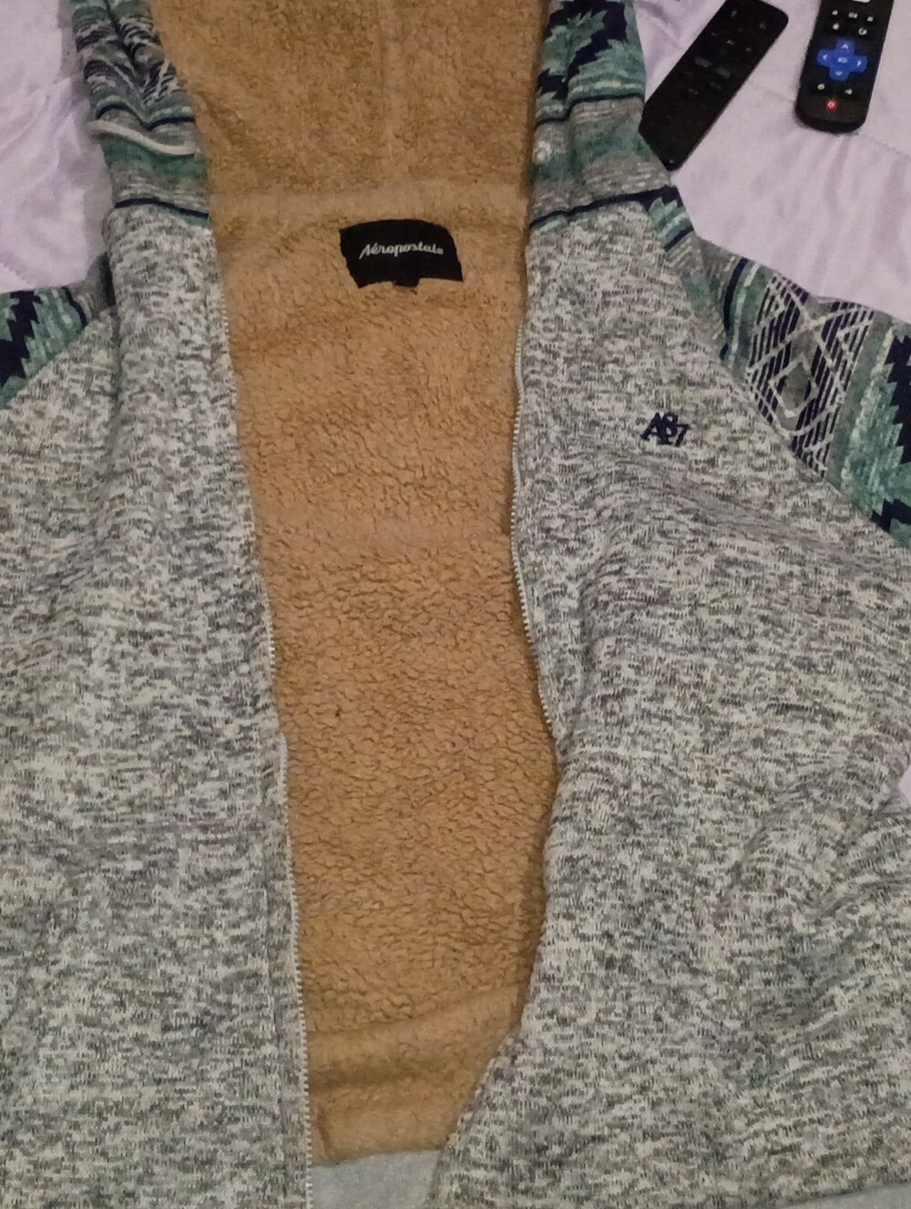 Aeropostale Men's Gray Zip Hoodie with Tan Sherpa and Teal Patterned Sleeves